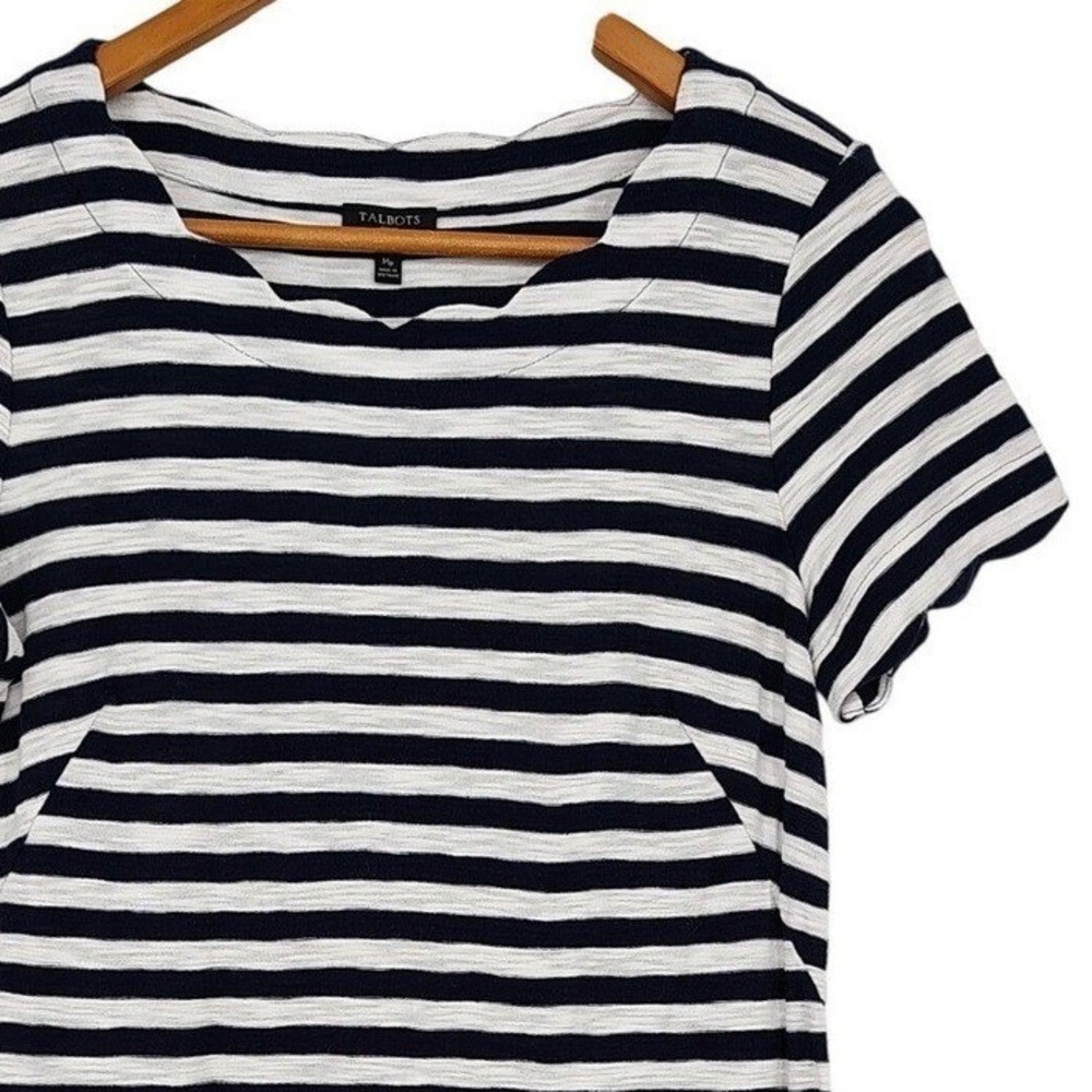 Talbots Scalloped‎ T-Shirt Dress Womens MP Navy White Striped Nautical Preppy